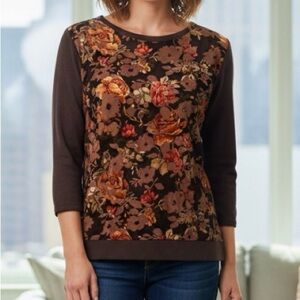Cathy Daniels Brown Vibrant Velvet Floral Patterned Chic Sweater Size Medium